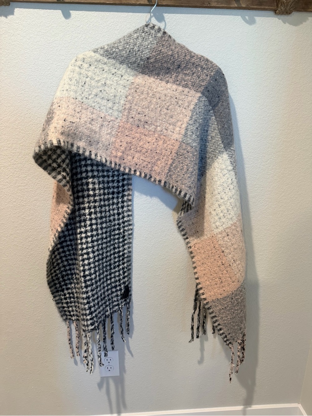 Steve Madden Plaid Fringe Wrap in Pink, Gray & Cream